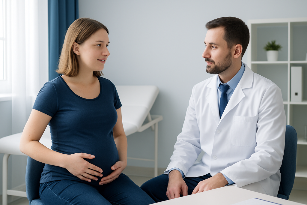 Pregnant woman consulting with doctor in a clinical setting.