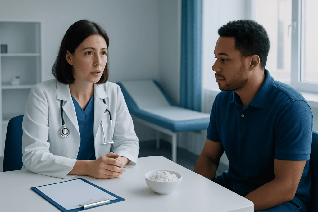 Doctor consulting with patient in a hospital room.