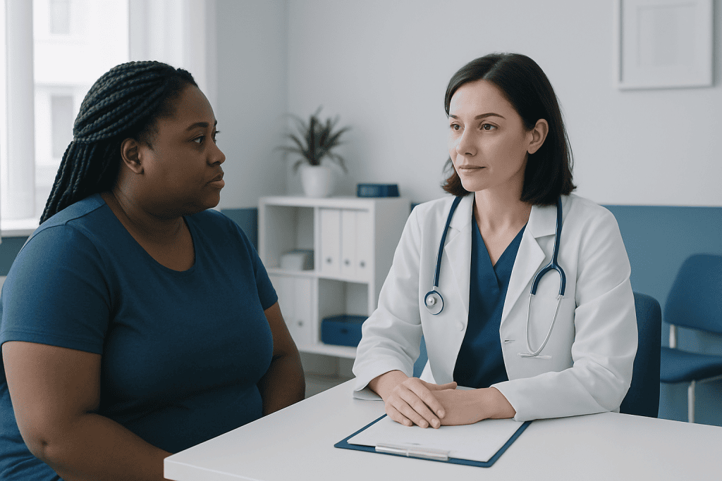 Doctor consulting with patient in a medical office setting.