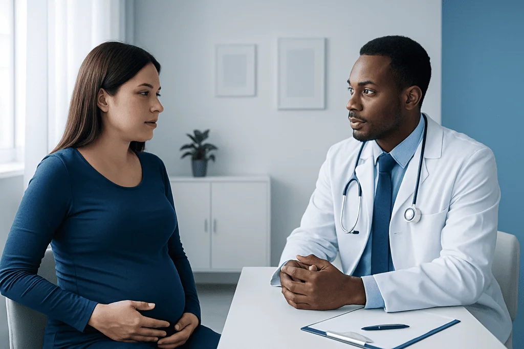 Pregnant woman consulting with a doctor in a medical office.