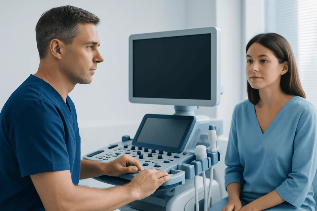 Doctor and patient during ultrasound examination at Acibadem Hospital.