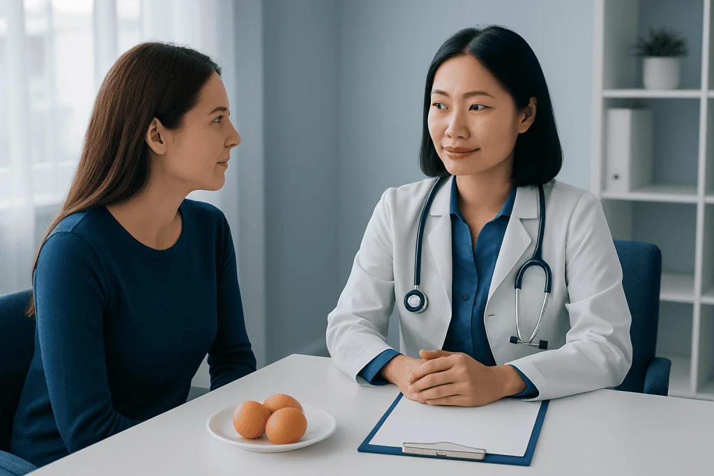 Doctor consulting with a patient about eggs and nutrition in a medical office.