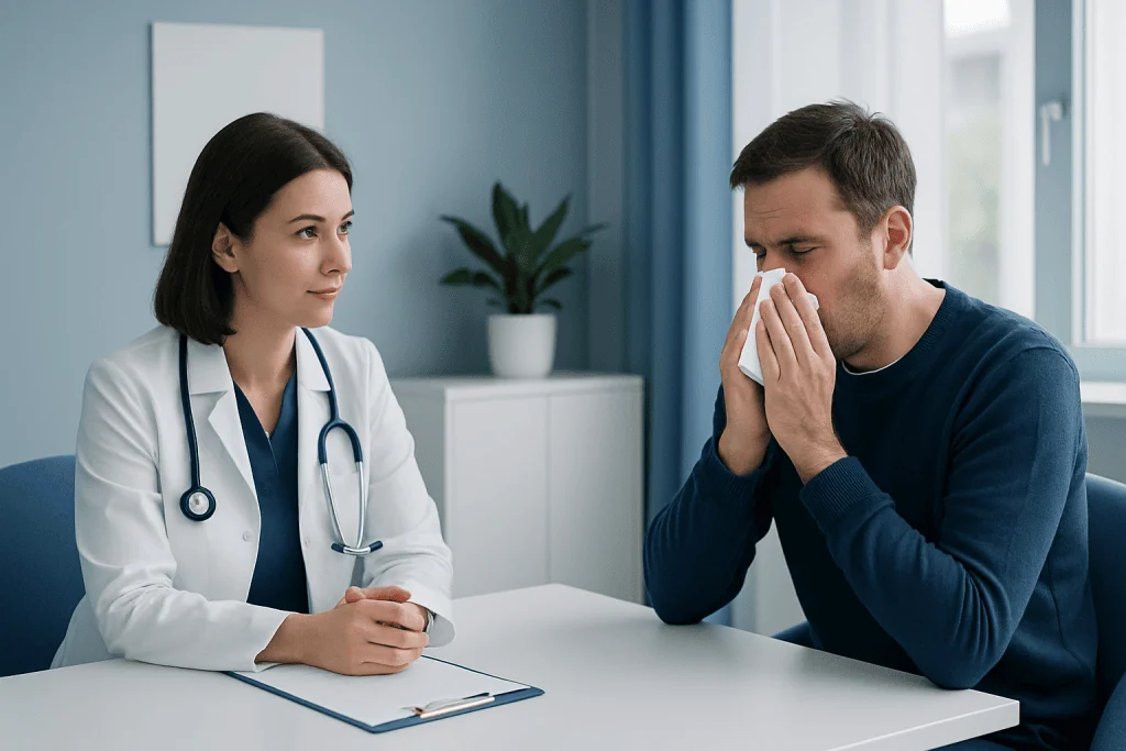 Doctor consulting with a patient about sneezing and allergies.
