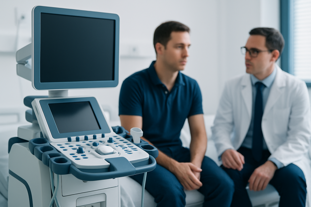 Doctor consulting with patient in medical examination room with ultrasound machine.