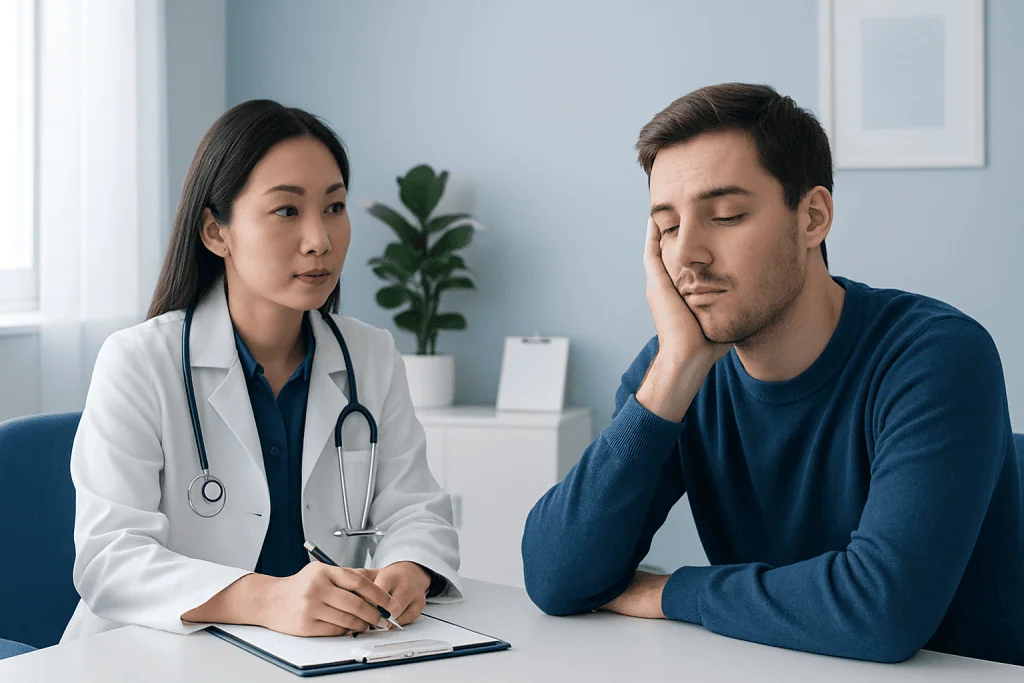 Doctor consulting with a patient about sleep issues in a medical office.