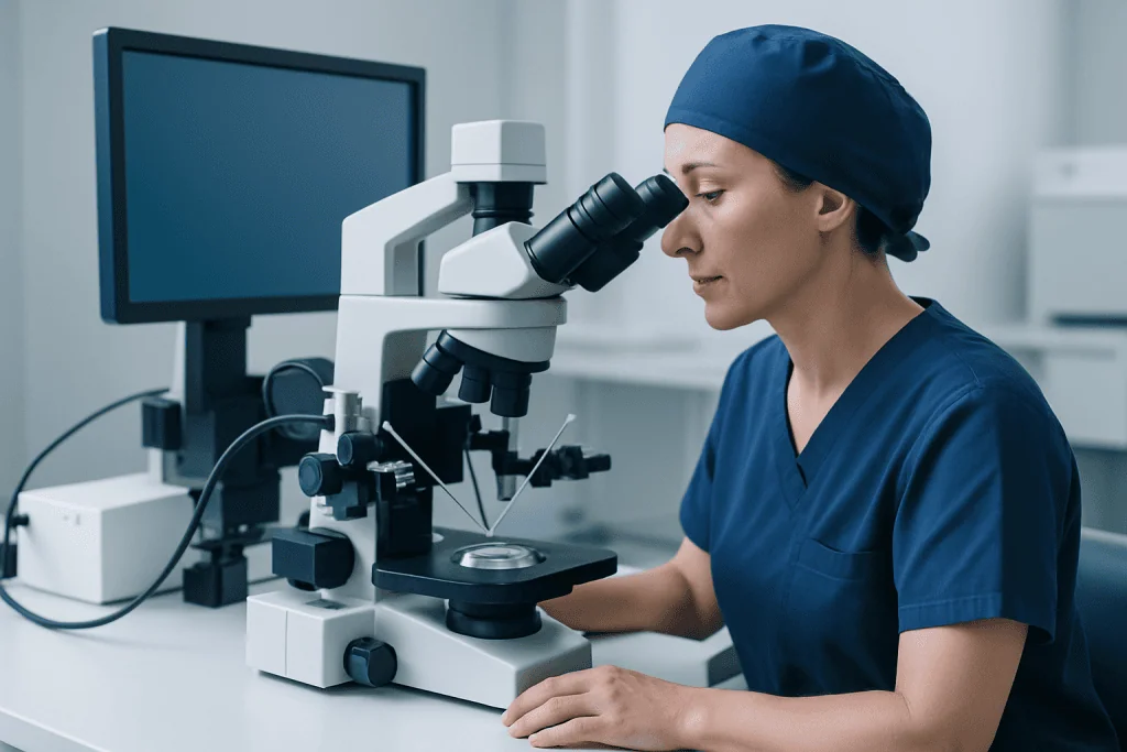 Female scientist using a microscope in a laboratory setting.
