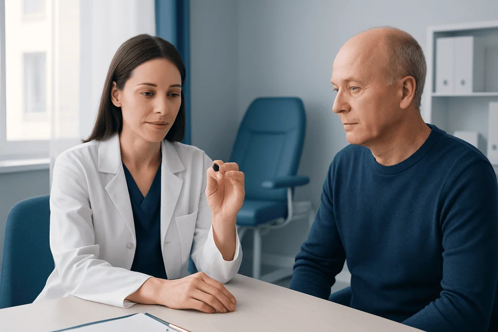 Doctor explaining eye health to a patient in a clinical setting.