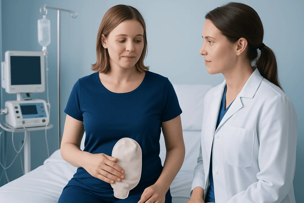 Patient and doctor discussing ileostomy bag in hospital room.