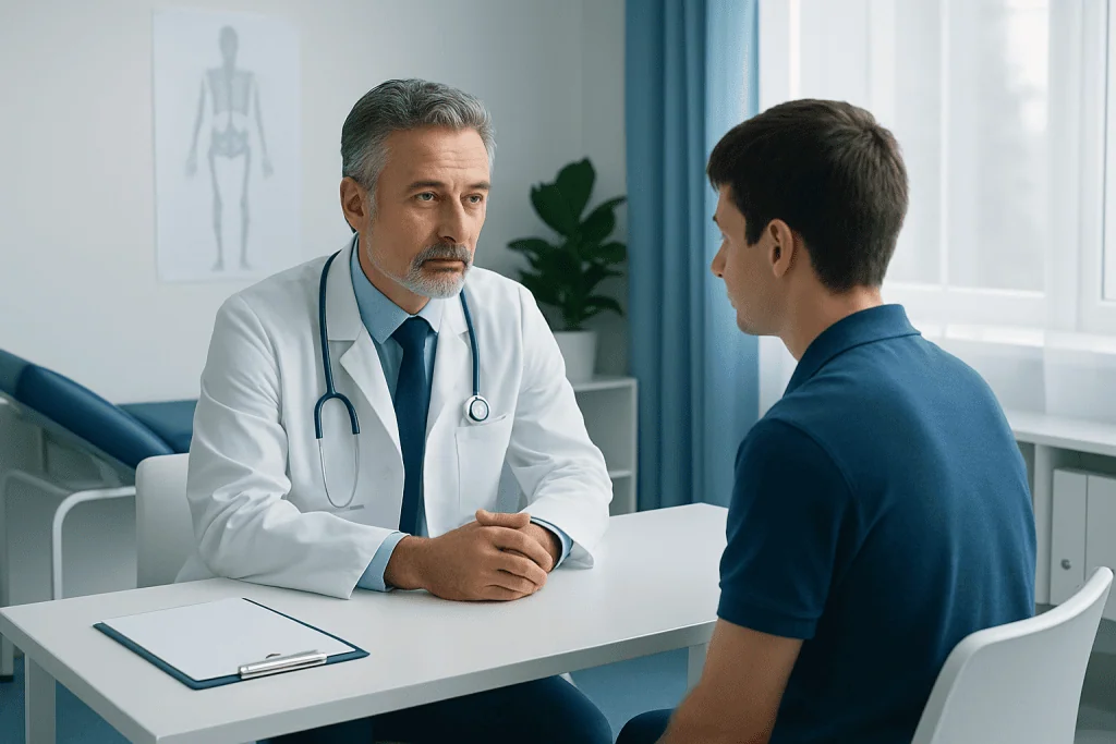 Doctor consulting with a young male patient in a medical office.