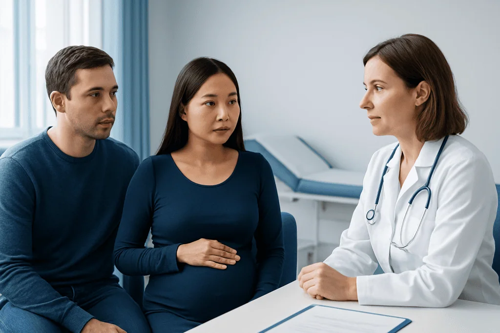 Pregnant woman consulting with doctor and partner in a medical office.