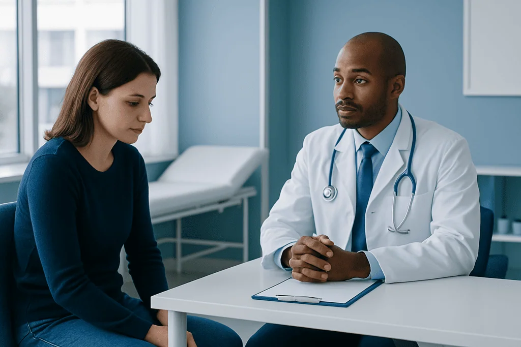 Doctor consulting with a patient in a modern medical office.