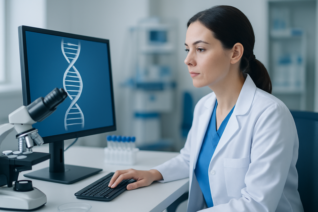 Geneticist analyzing DNA data on a computer in a laboratory setting.