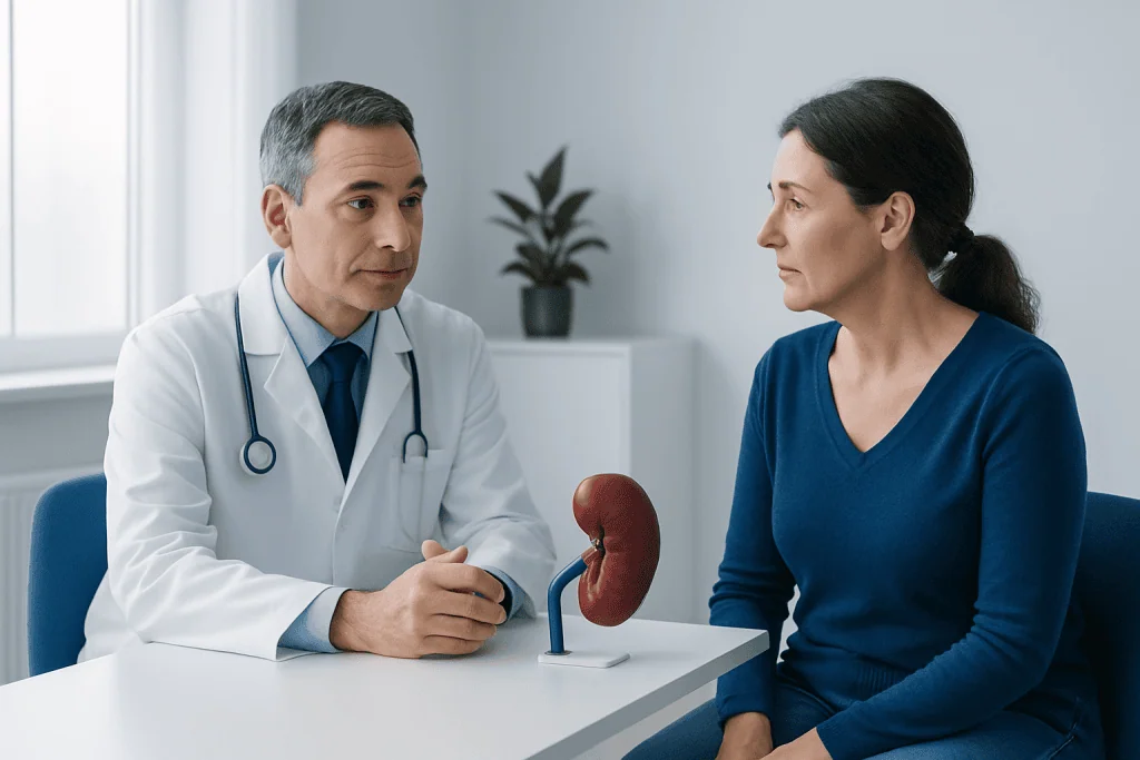 Doctor explaining spleen health to a patient in a medical consultation room.