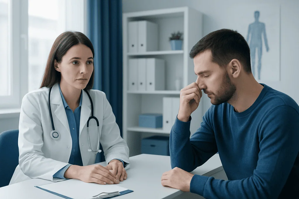 Doctor consulting with male patient about nose soreness in a medical office.