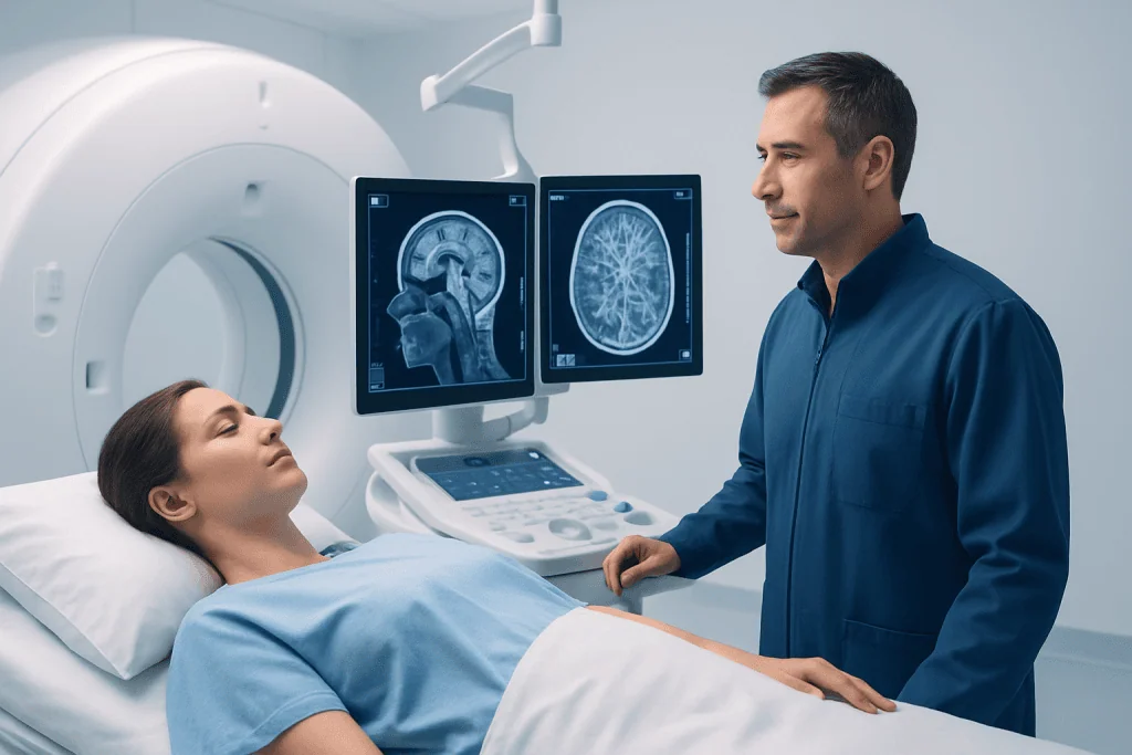 Medical professional discussing brain scan results with patient in MRI room.