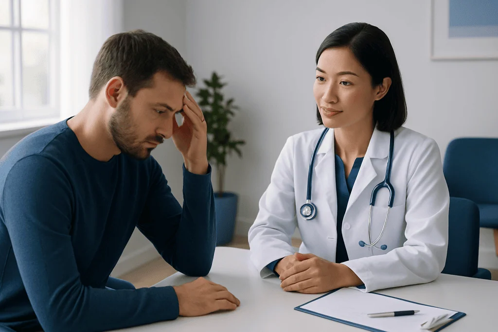 Doctor consulting with male patient about fertility concerns in clinic.