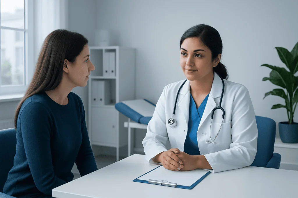 Doctor consulting with a patient in a modern medical office.