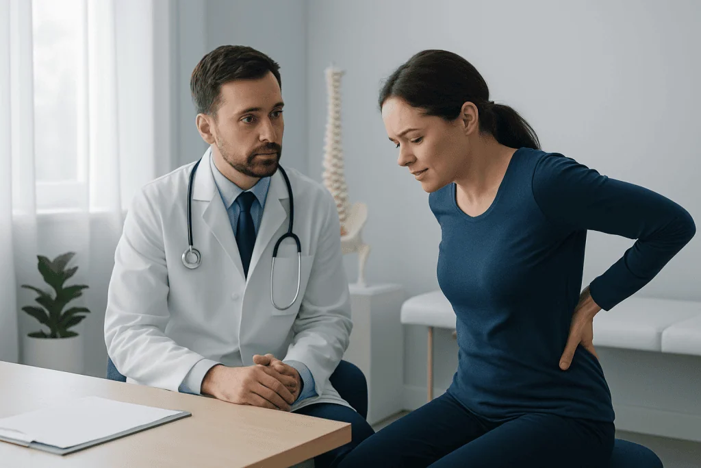 Doctor consulting with a patient about back pain and spinal health.