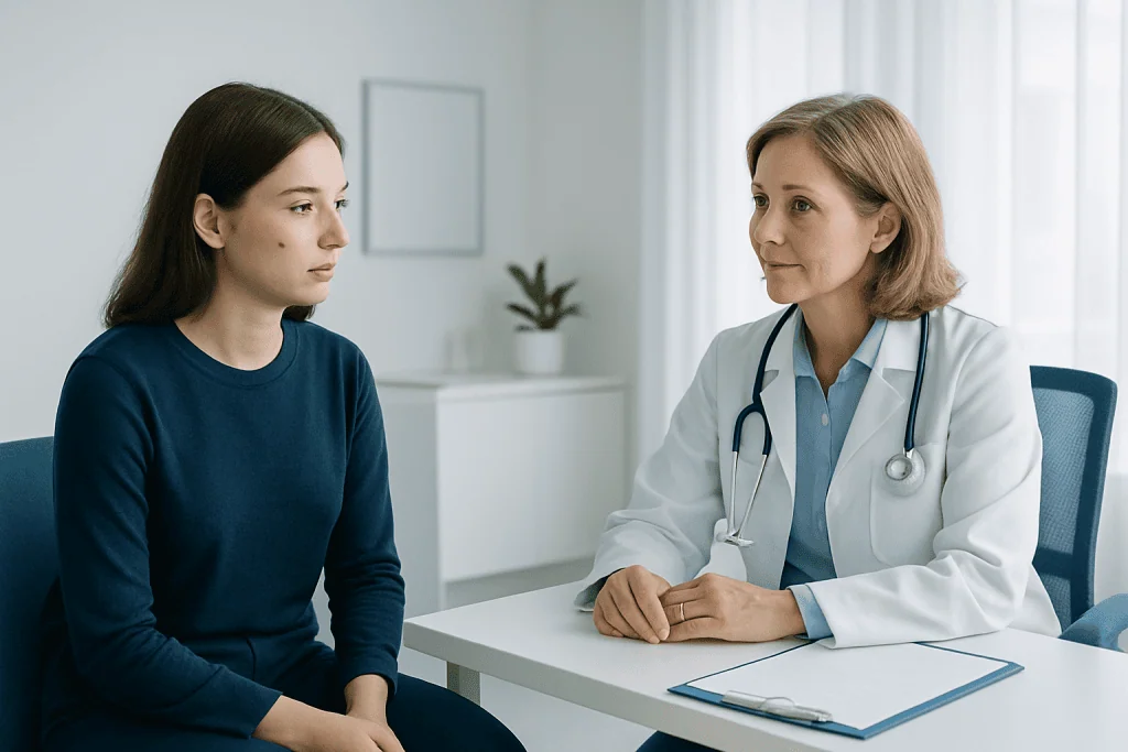 Doctor consulting with a young female patient in a medical office.