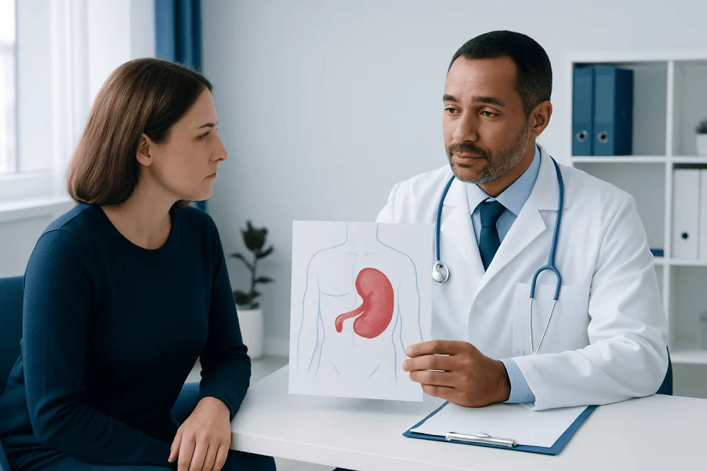 Doctor explaining stomach anatomy to a patient in a consultation room.