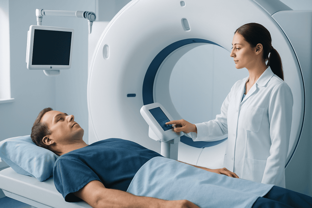 Patient undergoing MRI scan at Acibadem Hospital for tumor assessment.