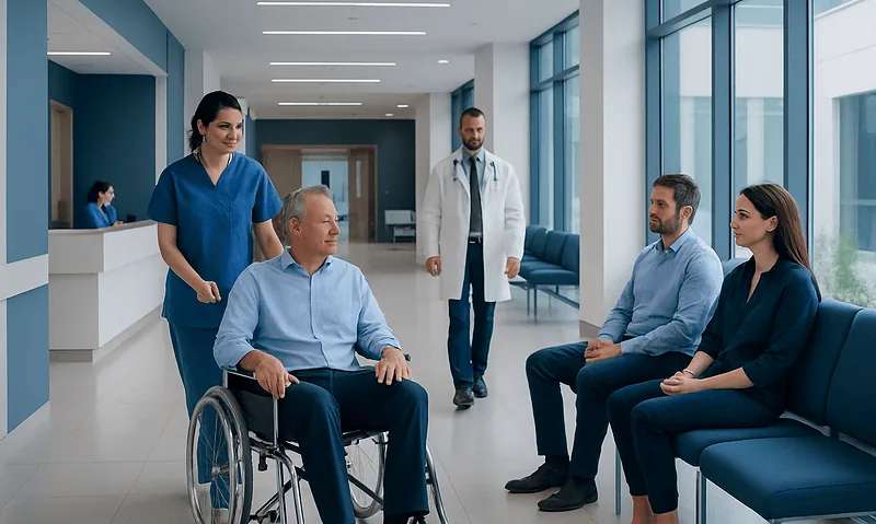 Hospital waiting area with medical staff and patients in conversation.