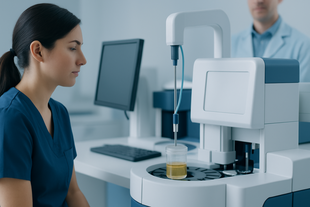 Laboratory technician analyzing urine sample with advanced testing equipment.