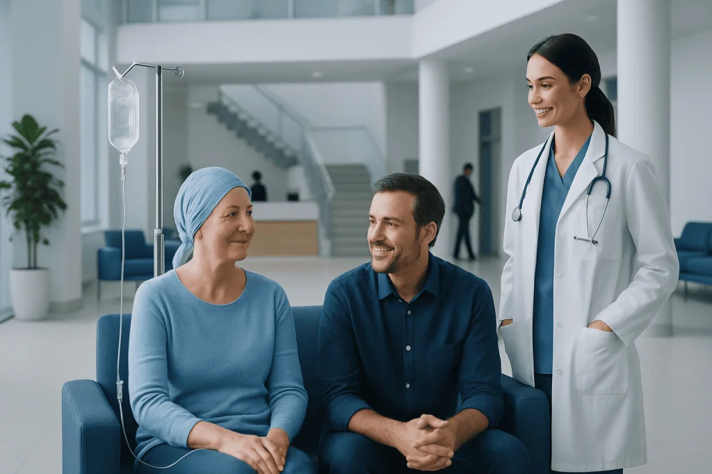 Staying Connected During Treatment in Turkey: SIM Cards, Wi-Fi, and Useful Apps 1 Patient and doctor in hospital lobby with IV drip and medical staff.