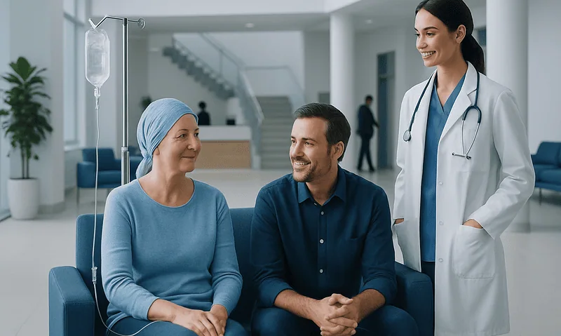 Staying Connected During Treatment in Turkey: SIM Cards, Wi-Fi, and Useful Apps 4 Patient and doctor in hospital lobby with IV drip and medical staff.