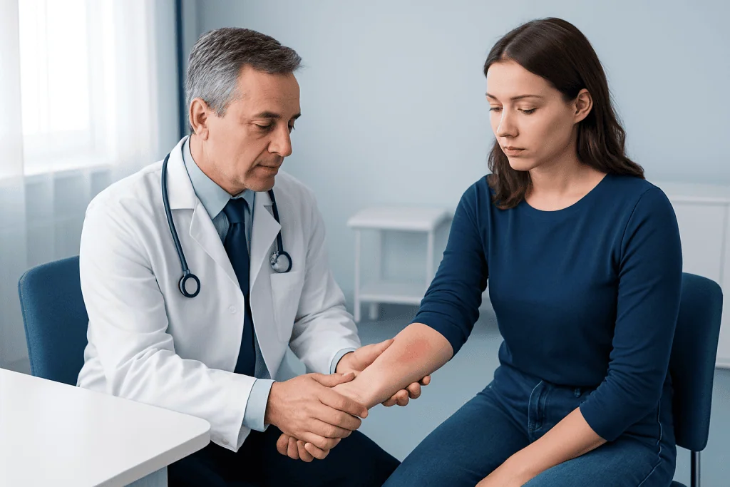 Doctor examining patient's arm in a medical consultation setting.