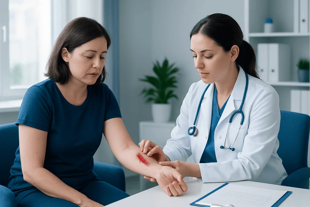 Doctor examining infected stitches on patient's arm in clinic setting.