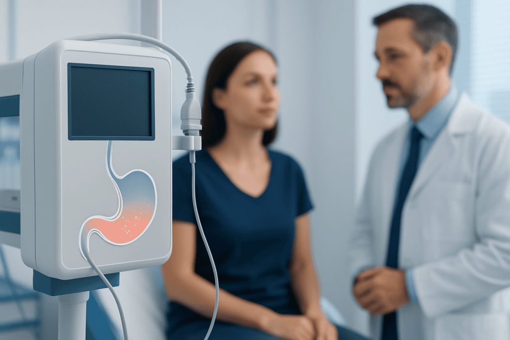 Gastric pH monitoring device in a medical consultation setting.
