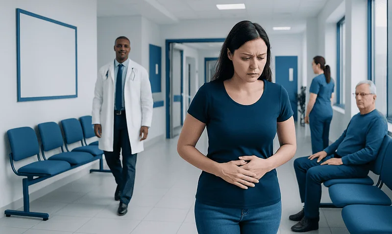 Young woman experiencing stomach pain in hospital corridor.