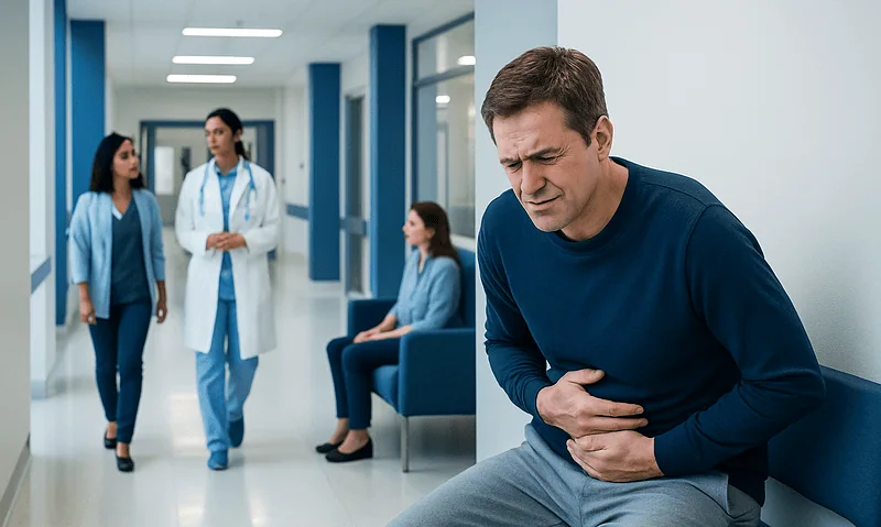 Man experiencing stomach pain in hospital corridor with medical staff nearby.