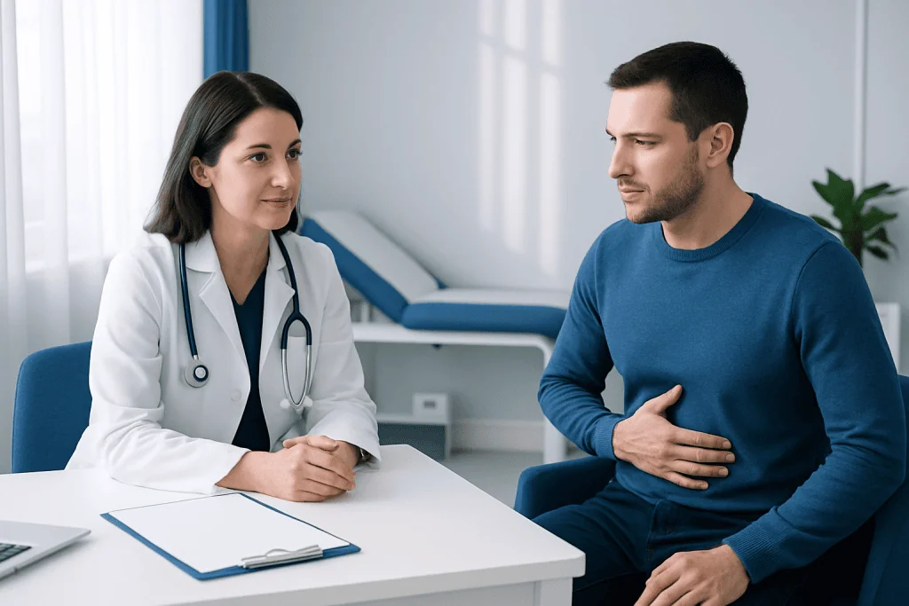 Doctor consulting with a patient about stomach health in a clinical setting.