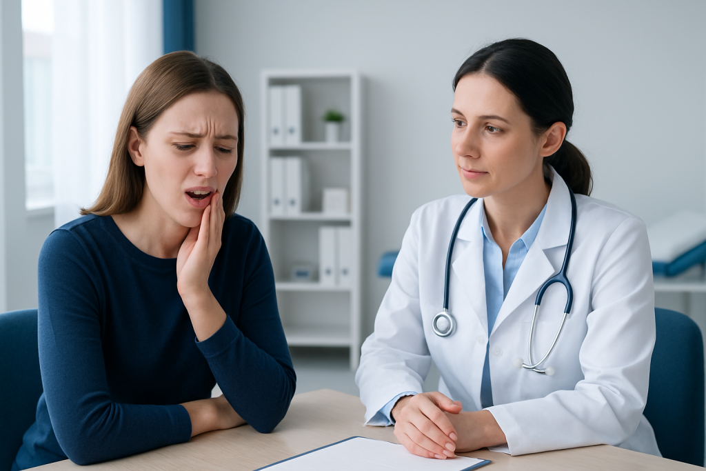 Woman with toothache consulting a doctor in a clinic setting.