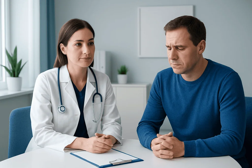 Doctor consulting a patient about stool hardener treatment options.