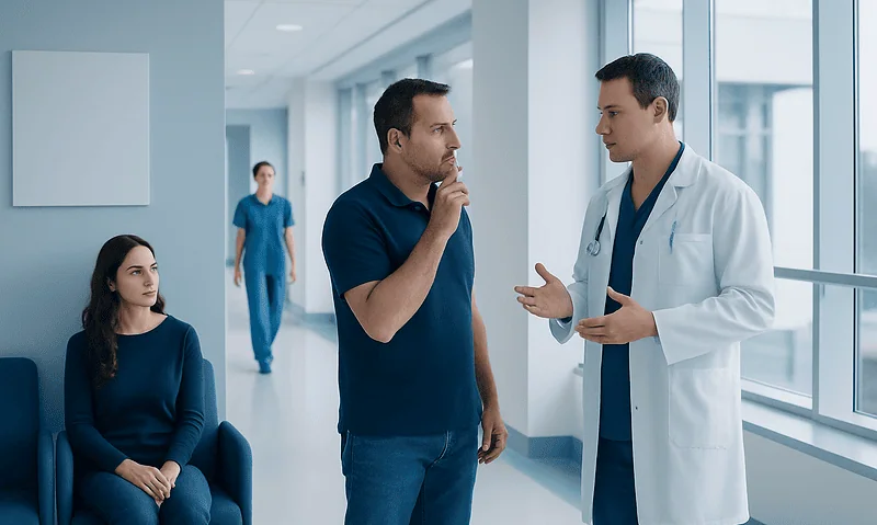 Doctor consulting patient in hospital corridor with waiting woman nearby.