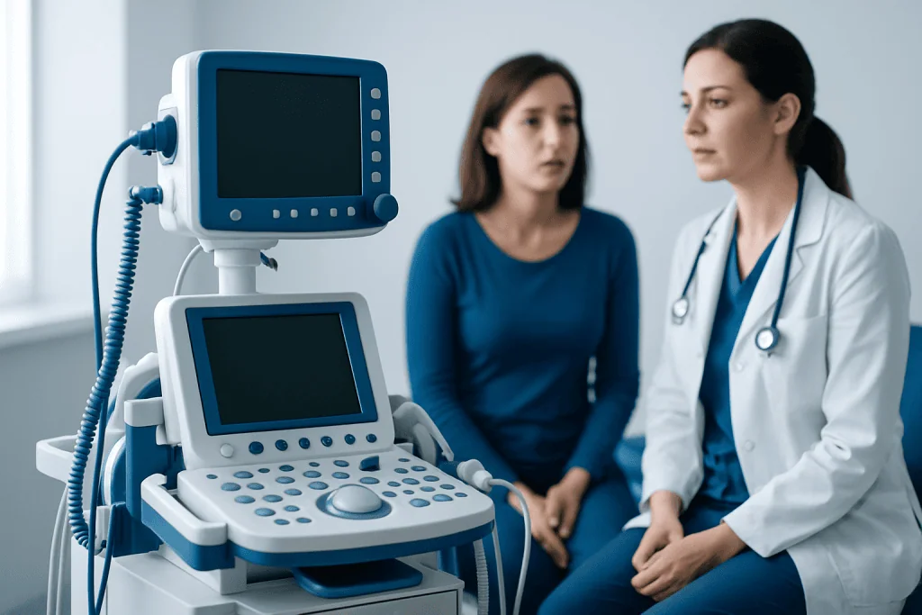 Doctor consulting patient with medical ultrasound device in clinic.