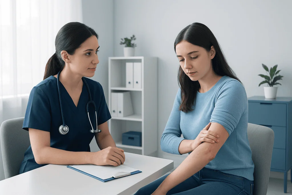 Doctor examining a woman's arm in a medical consultation room.