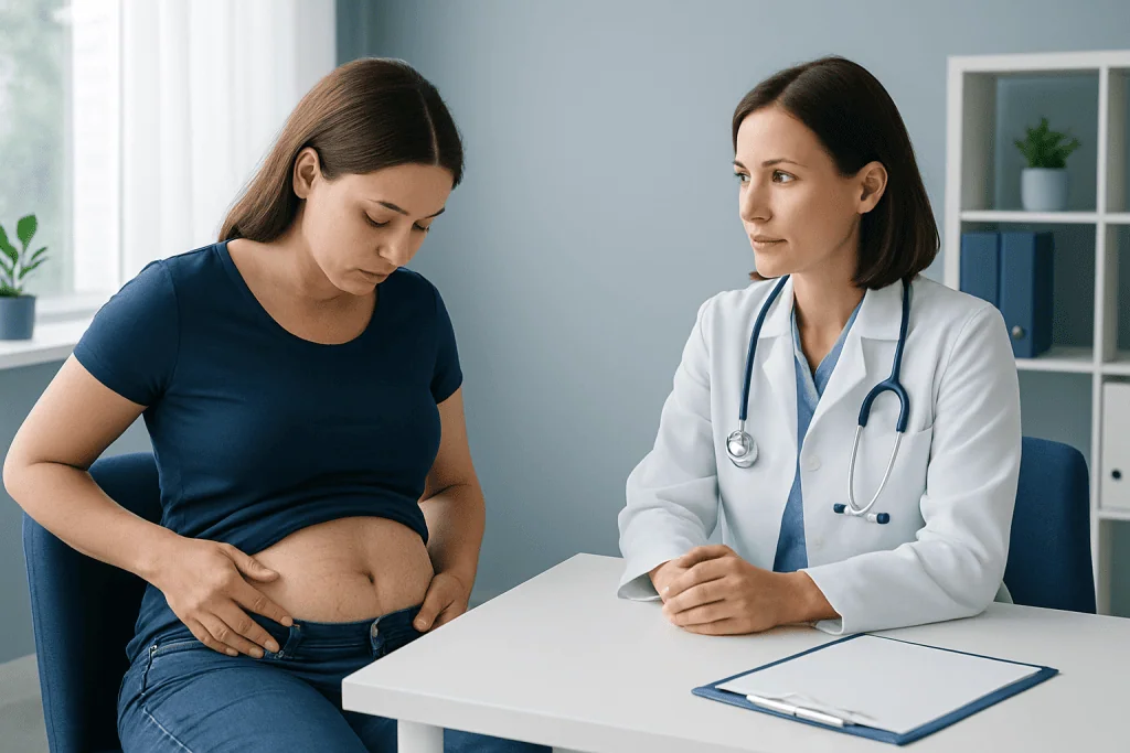 Doctor consulting with a woman about skin concerns in a medical office.