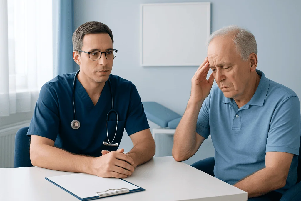 Doctor consulting with an elderly patient experiencing headache symptoms.