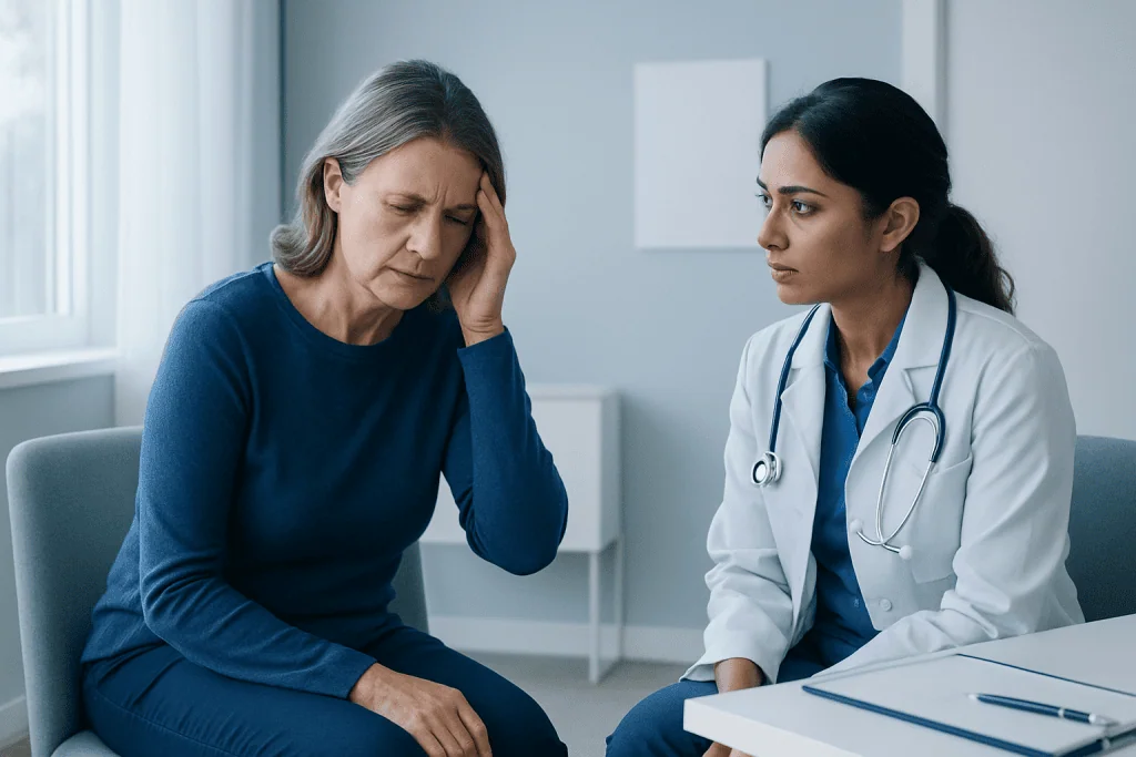 Doctor consulting with an elderly woman experiencing headache symptoms.