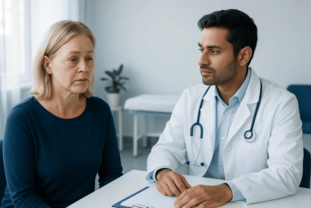 Doctor consulting with an elderly woman about eye health issues.