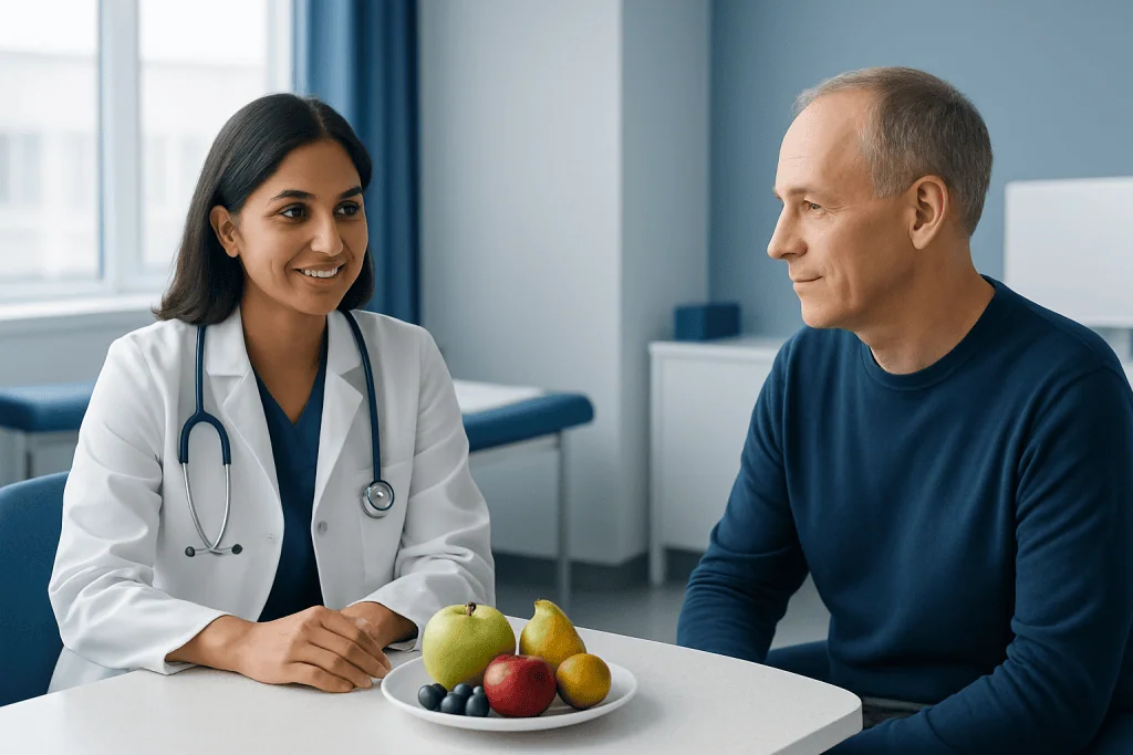Doctor consulting with a patient about healthy eating and low sugar fruits.