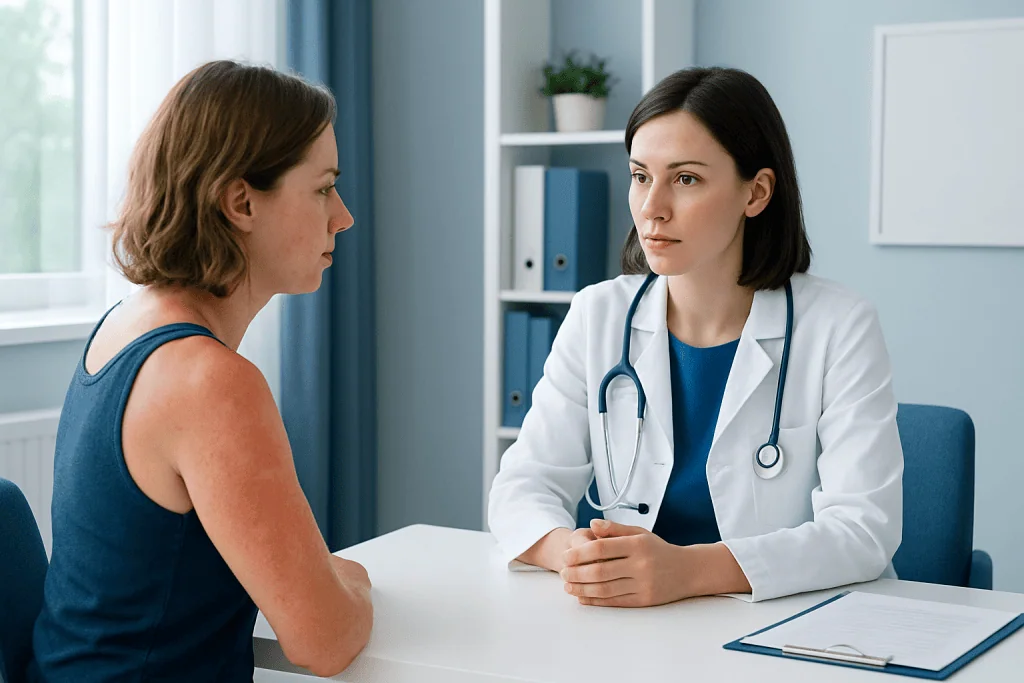Doctor consulting with a patient in a medical office setting.