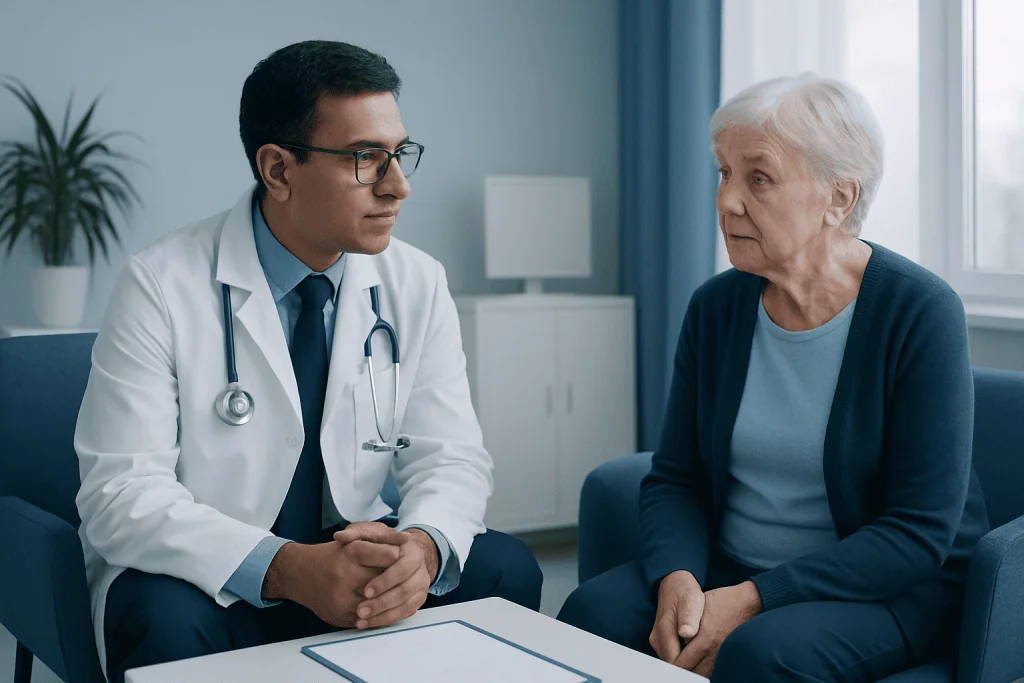 Doctor consulting with elderly female patient in a modern clinic setting.