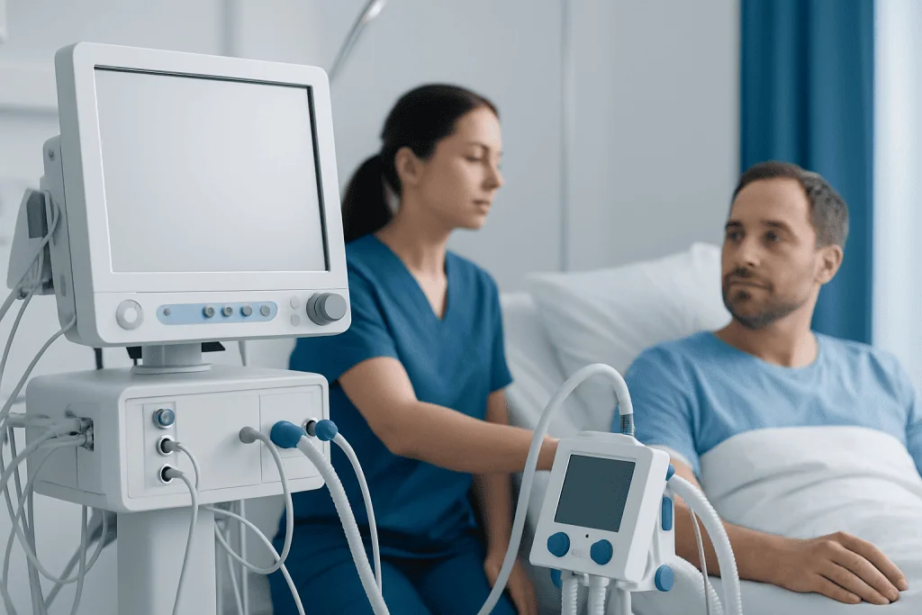 Hospital patient receiving medical care in a clinical setting.