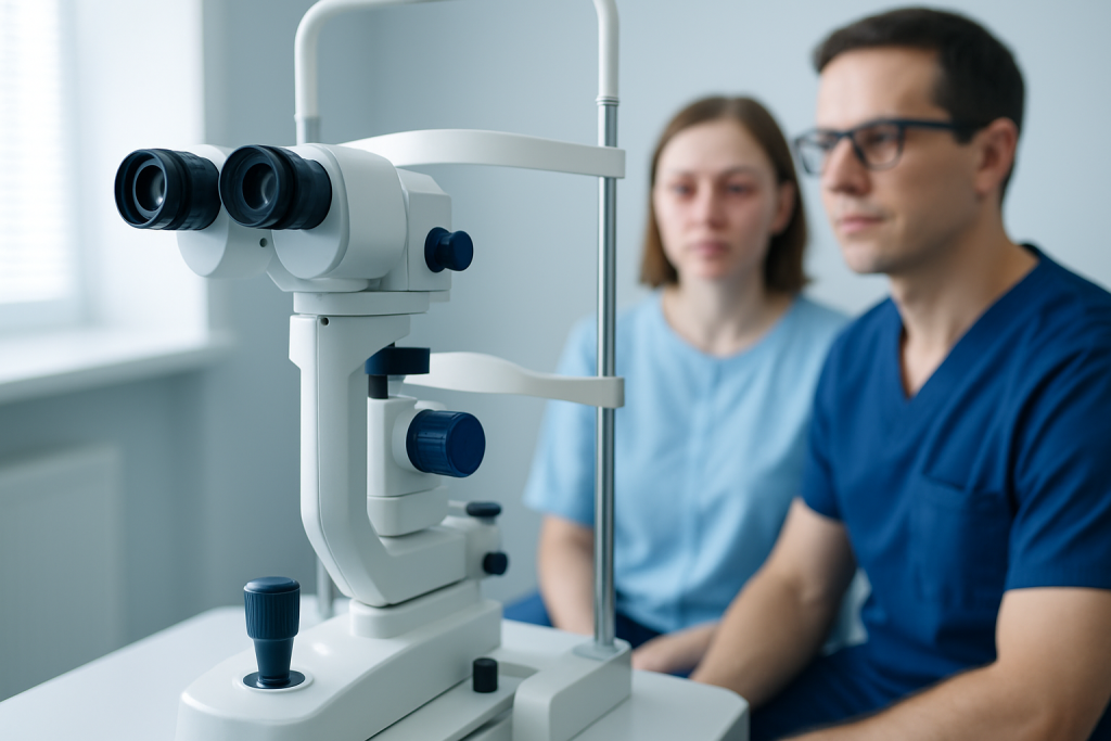 Medical professionals examining with a microscope in a clinical setting.
