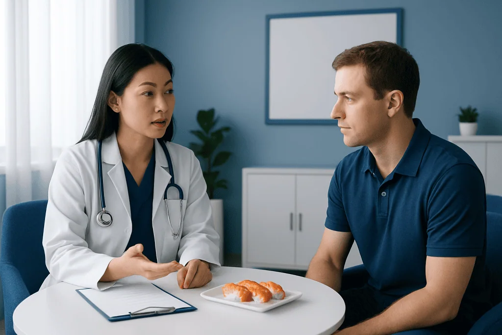 Doctor consulting patient in a medical office with a plate of salmon sashimi.